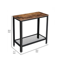 24 Inch Industrial Side Table with Mesh Grid Shelf, Black Steel Brown Wood - BM315836