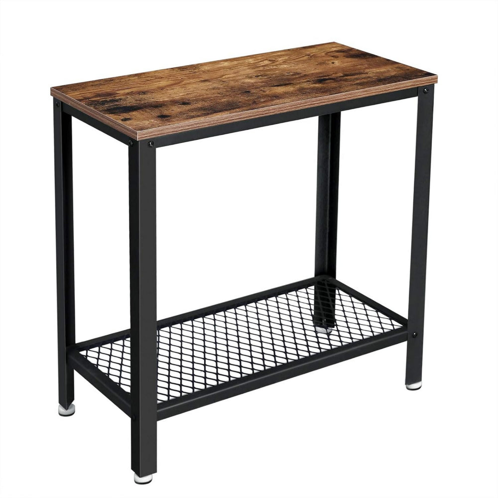 24 Inch Industrial Side Table with Mesh Grid Shelf, Black Steel Brown Wood - BM315836