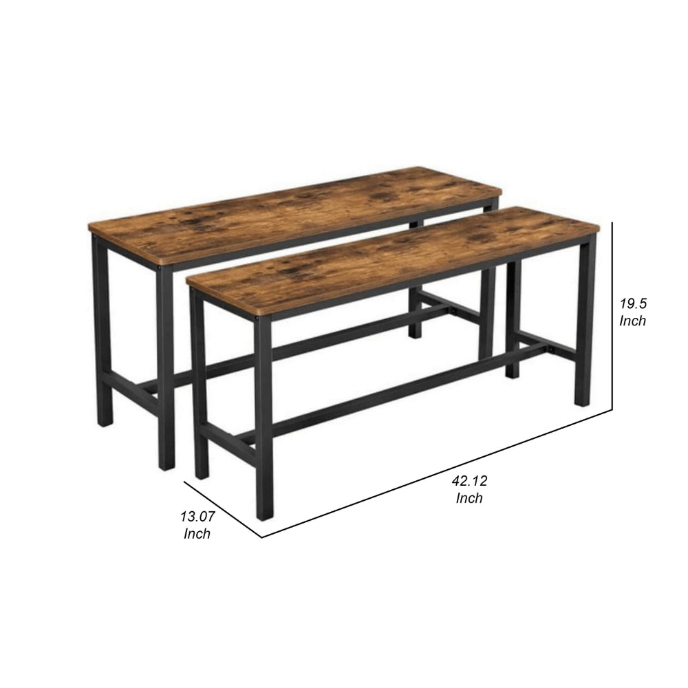 43 Inch Accent Bench Set of 2, Industrial Brown Wood Seat, Black Steel - BM315849