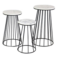 30 Inch Plant Stand Side Table Set of 3, Round Marble Top, Tapered, Black - BM315880