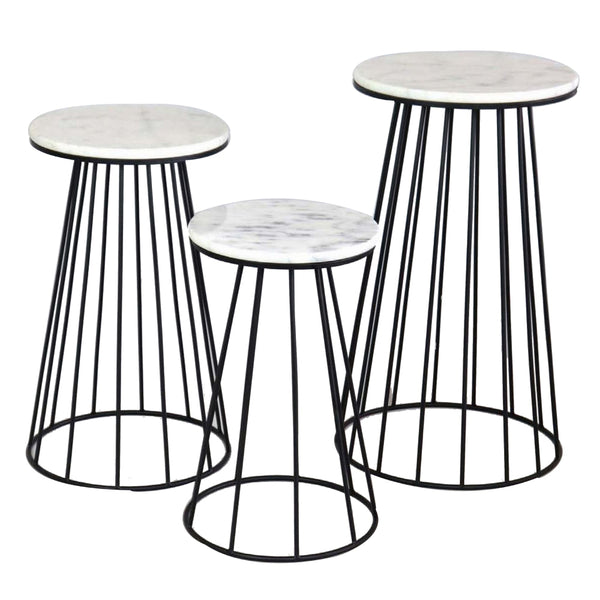 30 Inch Plant Stand Side Table Set of 3, Round Marble Top, Tapered, Black - BM315880