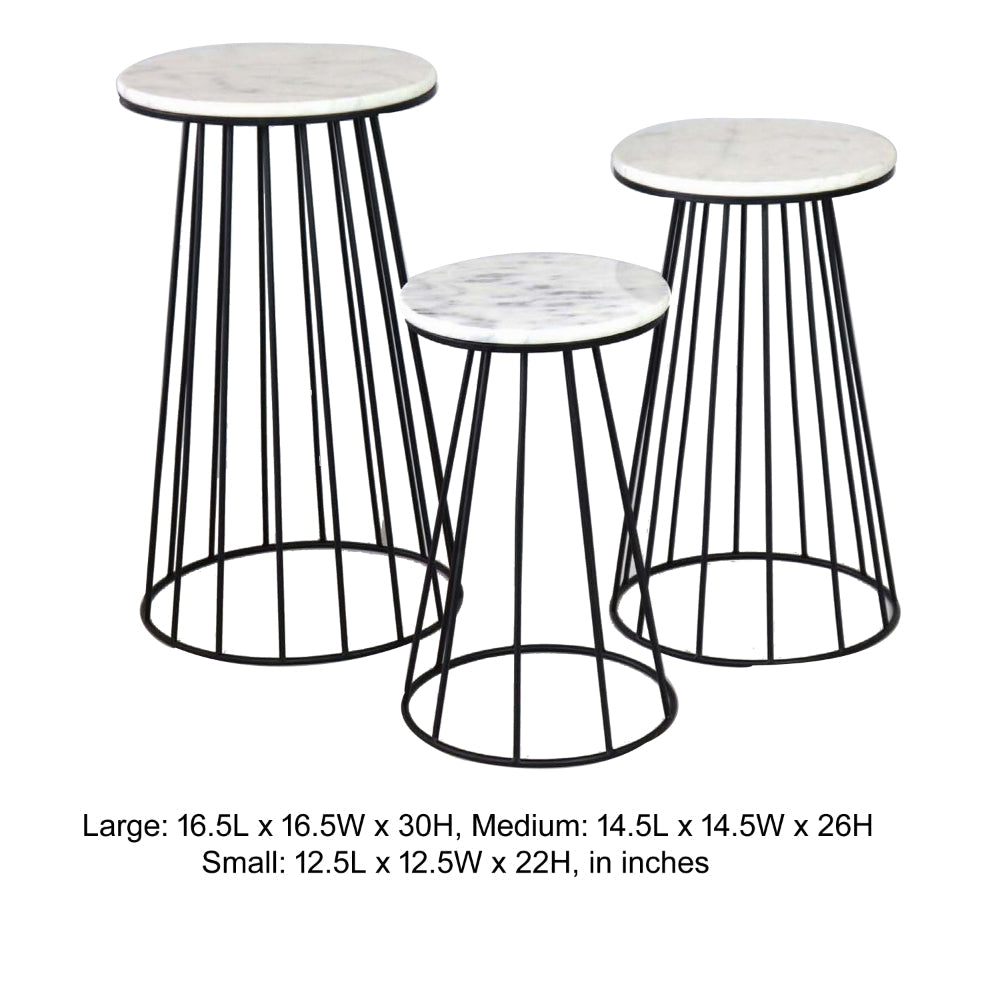 30 Inch Plant Stand Side Table Set of 3, Round Marble Top, Tapered, Black - BM315880