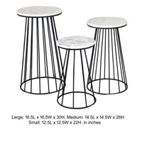 30 Inch Plant Stand Side Table Set of 3, Round Marble Top, Tapered, Black - BM315880