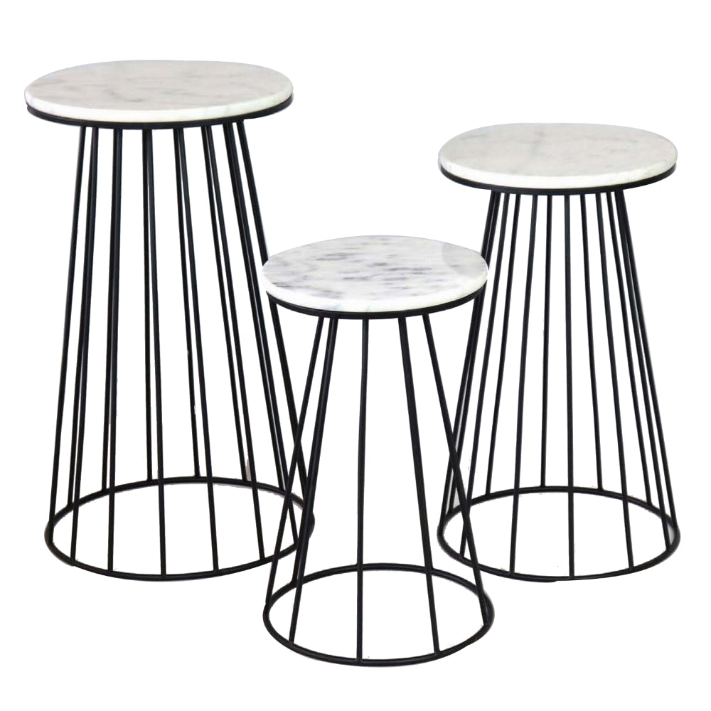 Benzara 30 Inch Plant Stand Side Table Set of 3, Round Marble Top ...