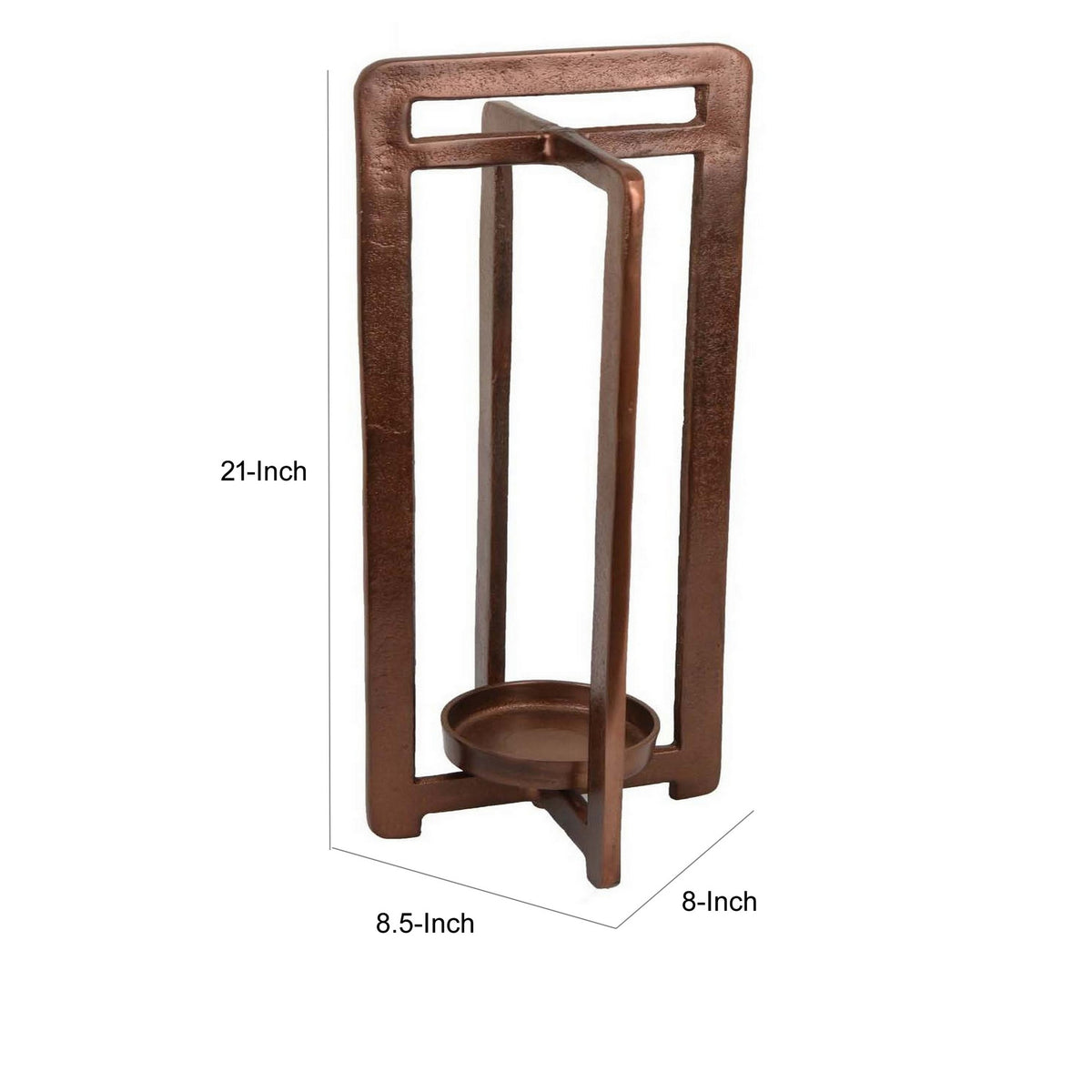 Eya 21 Inch Modern Tabletop Candle Lantern with Round Plate, Copper Metal   - BM315882