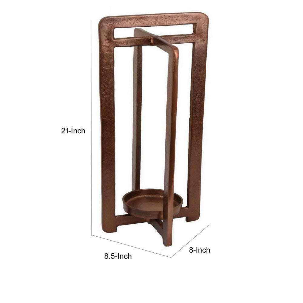Eya 21 Inch Modern Tabletop Candle Lantern with Round Plate, Copper Metal   - BM315882
