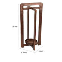 Eya 21 Inch Modern Tabletop Candle Lantern with Round Plate, Copper Metal   - BM315882