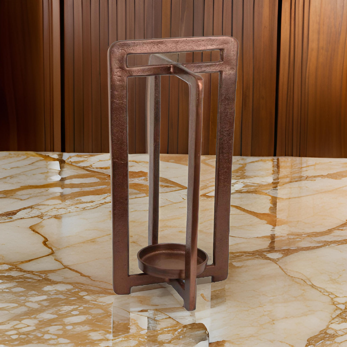 Eya 21 Inch Modern Tabletop Candle Lantern with Round Plate, Copper Metal   - BM315882