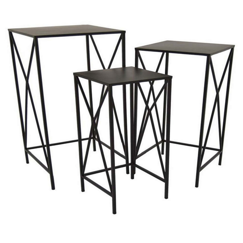 Hyan Modern Plant Stand Side Table Set of 3, Crossed Black Metal Frame - BM315900