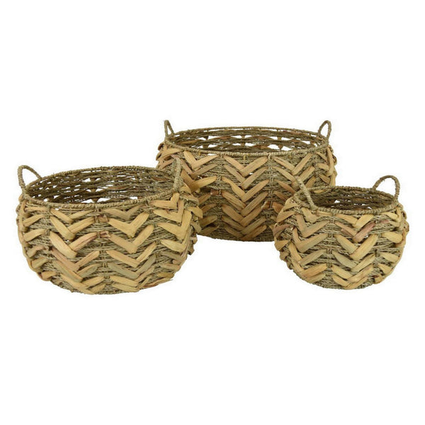 15 Inch Decorative Basket Set of 3, Handwoven Hyacinth Fiber Rope, Brown - BM315907
