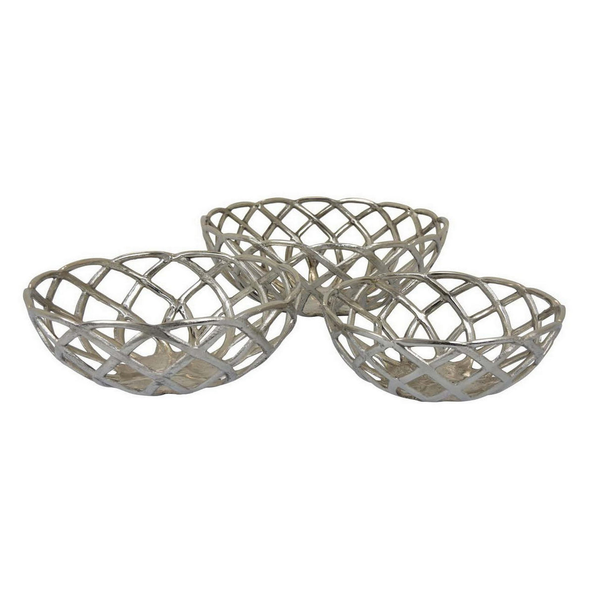 Lyna 17 Inch Modern Decorative Basket Set of 3, Open Weave, Chrome Metal - BM315908