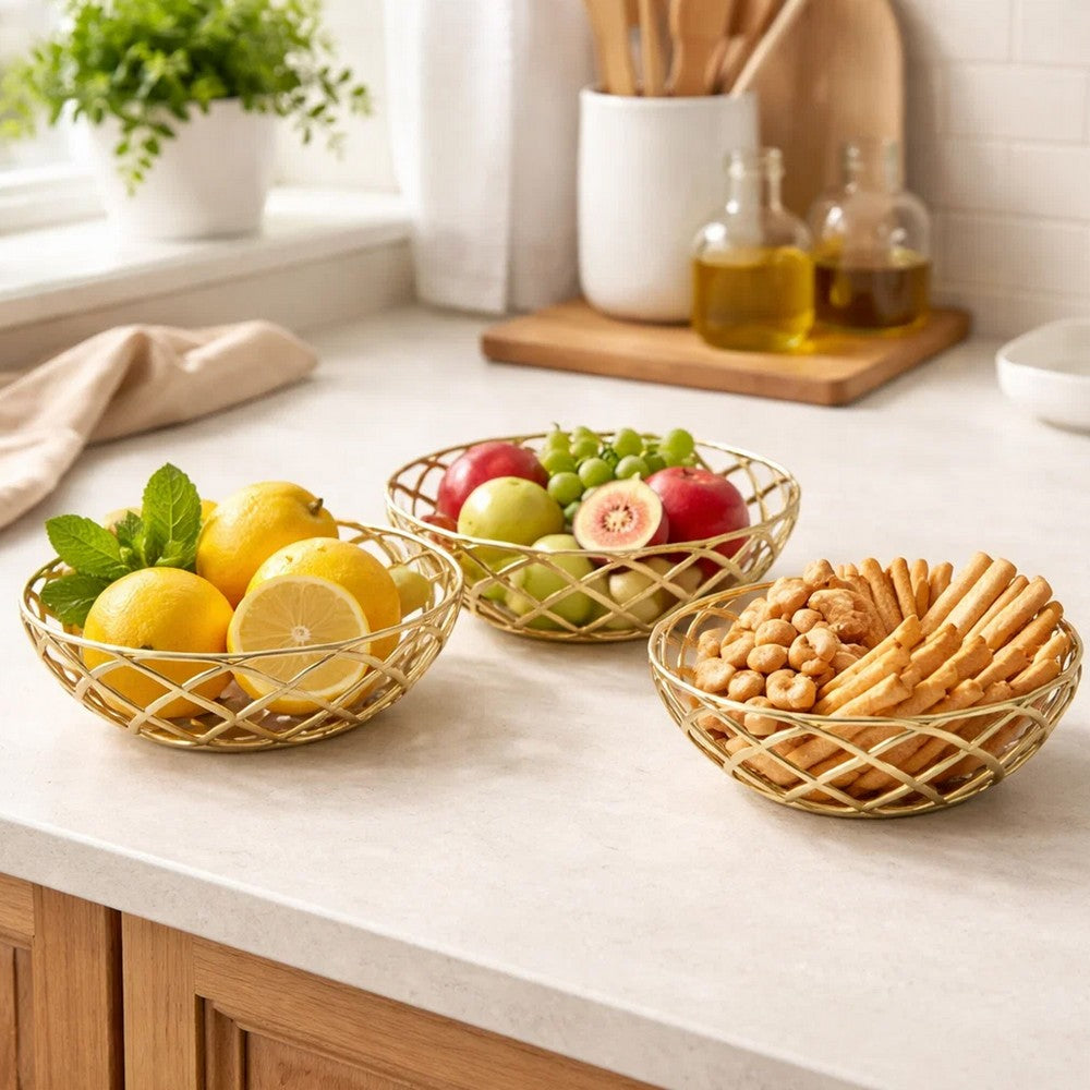 Lyna 18 Inch Modern Decorative Metal Basket Set of 3, Gold Color - BM315909