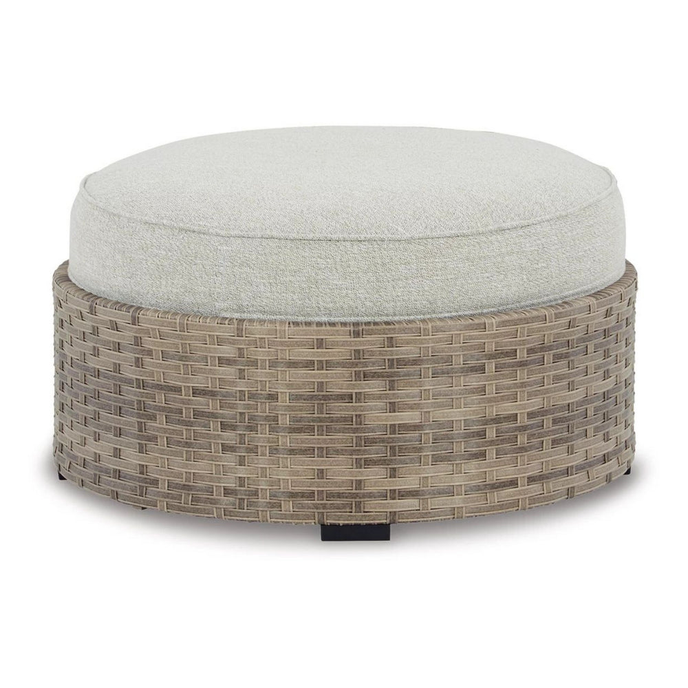 Walter 35 Inch Outdoor Ottoman with Round Cushion Top, Resin Wicker, Beige - BM315910