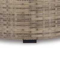 Walter 35 Inch Outdoor Ottoman with Round Cushion Top, Resin Wicker, Beige - BM315910