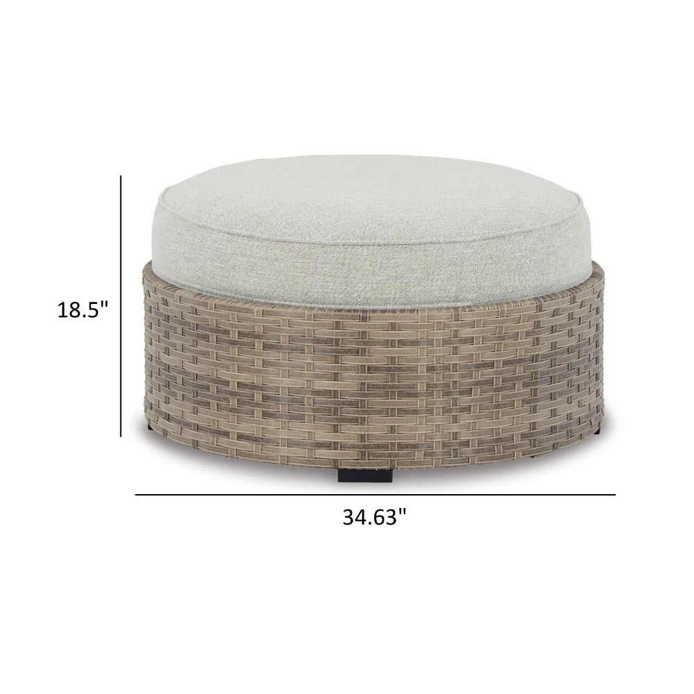 Walter 35 Inch Outdoor Ottoman with Round Cushion Top, Resin Wicker, Beige - BM315910