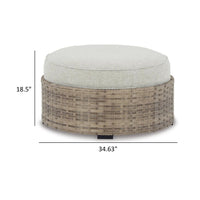 Walter 35 Inch Outdoor Ottoman with Round Cushion Top, Resin Wicker, Beige - BM315910