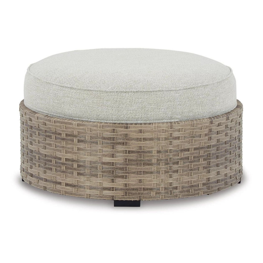 Walter 35 Inch Outdoor Ottoman with Round Cushion Top, Resin Wicker, Beige - BM315910