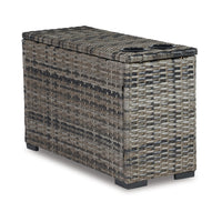 Mita 34 Inch Outdoor Console Side Table, 2 Cupholders, Resin Wicker, Gray - BM315914