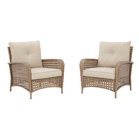 Miky 33 Inch Lounge Chair Set of 2, Cushioned, Brown Resin Wicker, Beige - BM315916