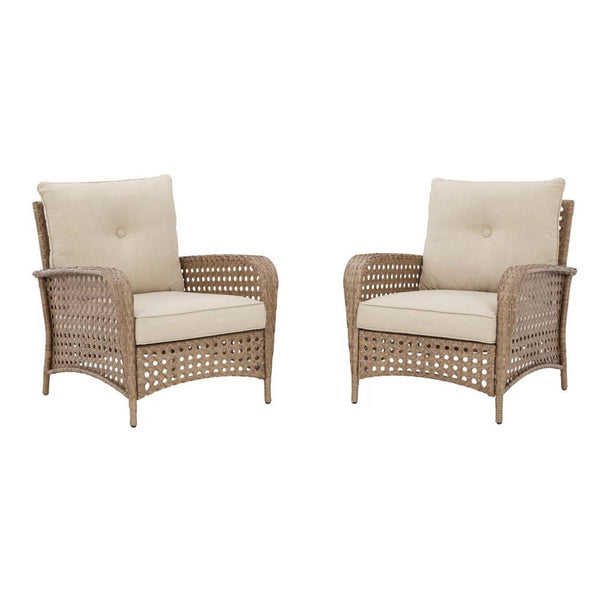 Miky 33 Inch Lounge Chair Set of 2, Cushioned, Brown Resin Wicker, Beige - BM315916