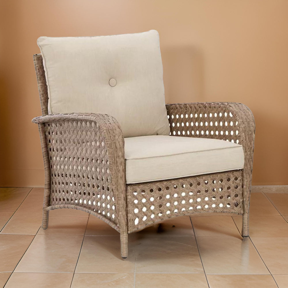 Miky 33 Inch Lounge Chair Set of 2, Cushioned, Brown Resin Wicker, Beige - BM315916
