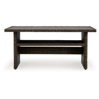 Soha 59 Inch Outdoor Multi Use Dining Table, Resin Wicker with Shelf, Brown - BM315919