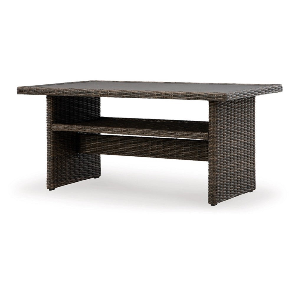 Soha 59 Inch Outdoor Multi Use Dining Table, Resin Wicker with Shelf, Brown - BM315919