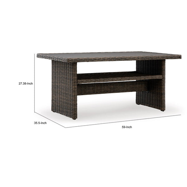 Soha 59 Inch Outdoor Multi Use Dining Table, Resin Wicker with Shelf, Brown - BM315919