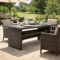 Soha 59 Inch Outdoor Multi Use Dining Table, Resin Wicker with Shelf, Brown - BM315919