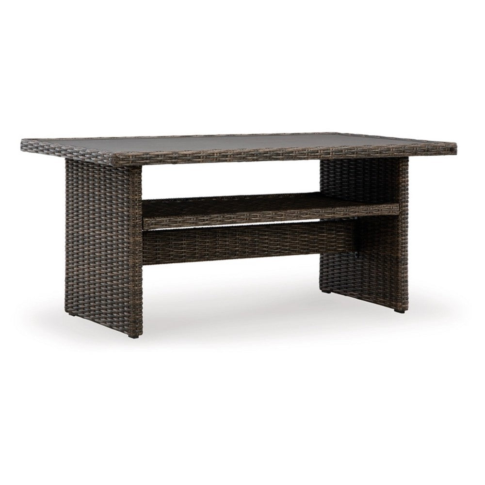 Soha 59 Inch Outdoor Multi Use Dining Table, Resin Wicker with Shelf, Brown - BM315919