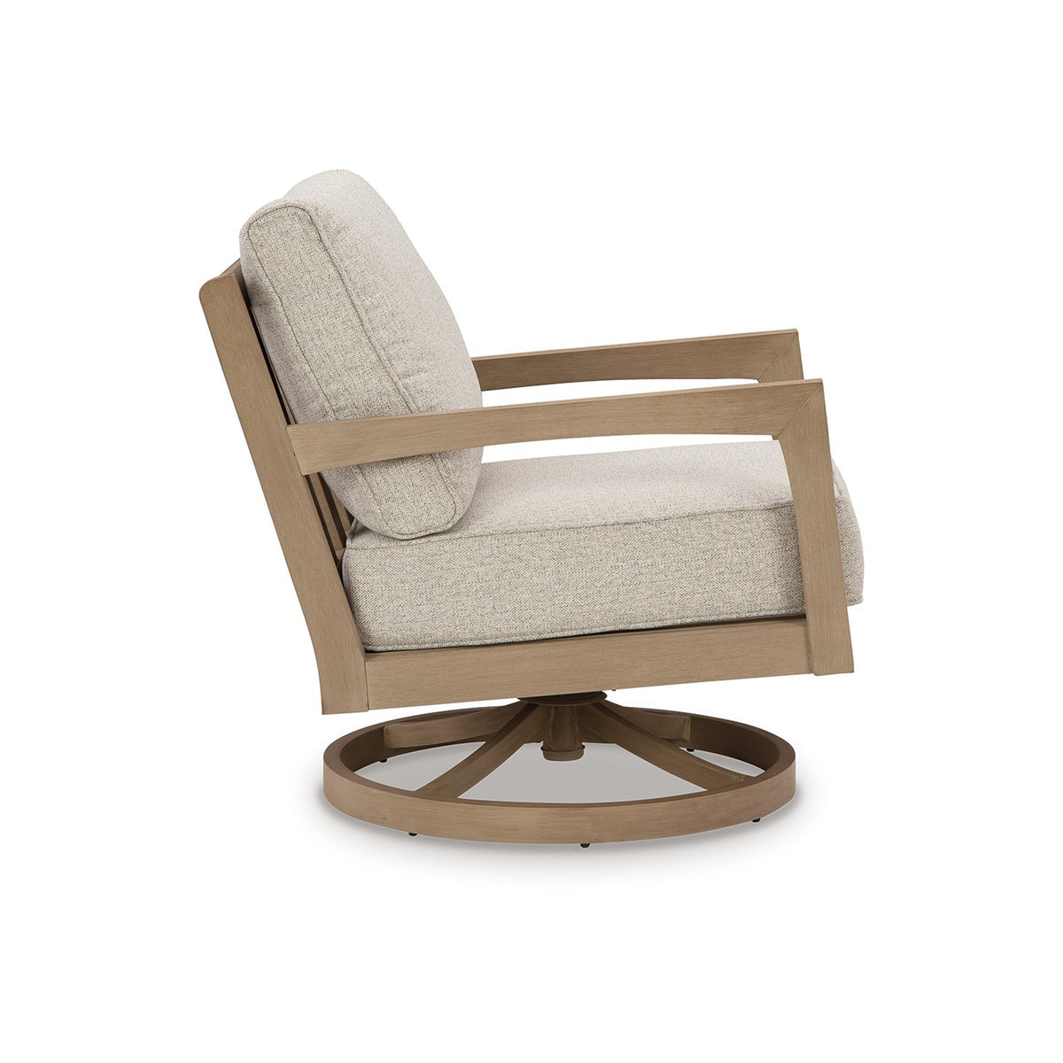 Karo 35 Inch Outdoor Swivel Lounge Chair, Cushioned Seat, Beige, Brown - BM315924