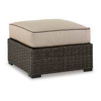 Waga 29 Inch Outdoor Ottoman, Cushioned Seat, Resin Wicker, Brown, Beige - BM315925