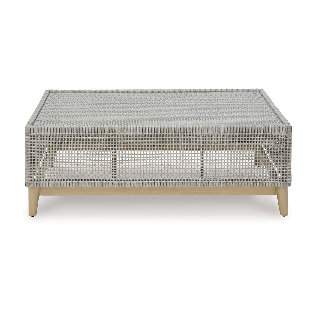 Yami 50 Inch Outdoor Coffee Table, Resin Wicker, Tempered Glass Top, Gray - BM315934