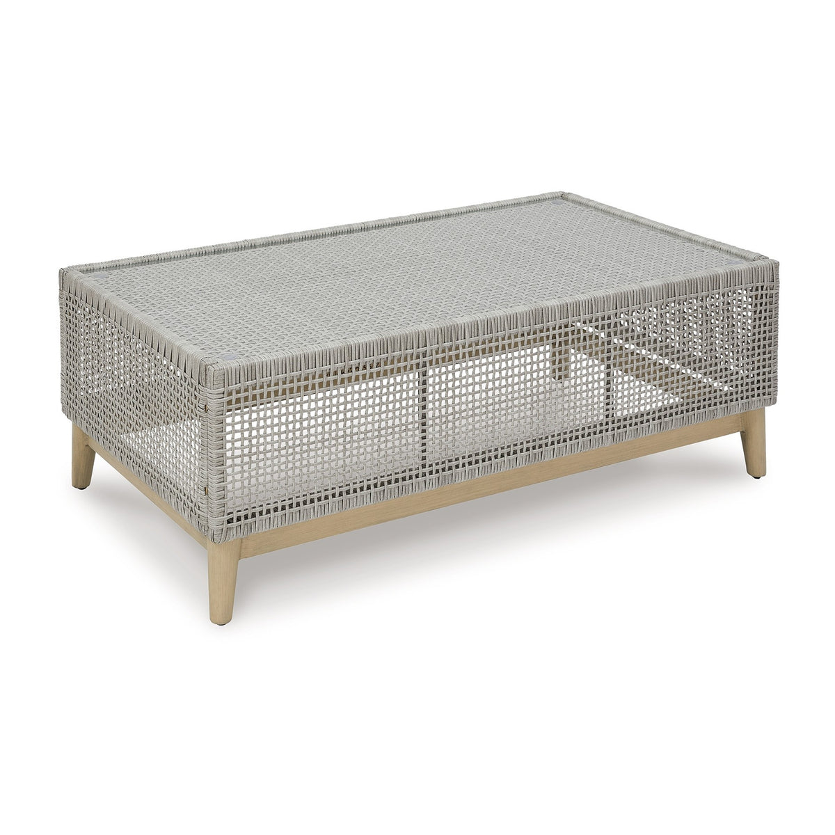 Yami 50 Inch Outdoor Coffee Table, Resin Wicker, Tempered Glass Top, Gray - BM315934