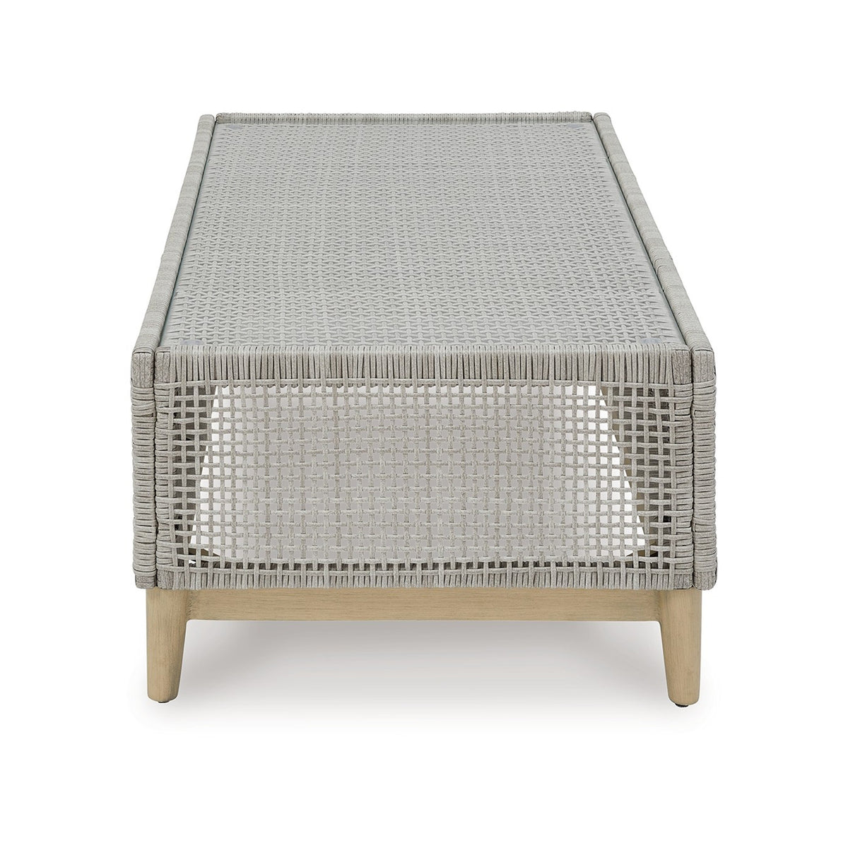 Yami 50 Inch Outdoor Coffee Table, Resin Wicker, Tempered Glass Top, Gray - BM315934