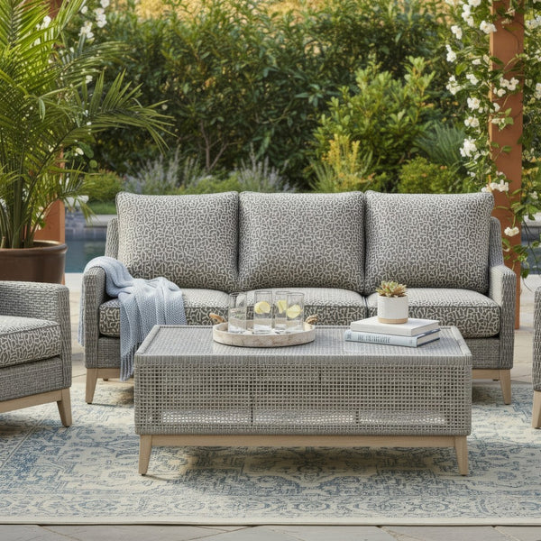 Yami 50 Inch Outdoor Coffee Table, Resin Wicker, Tempered Glass Top, Gray - BM315934
