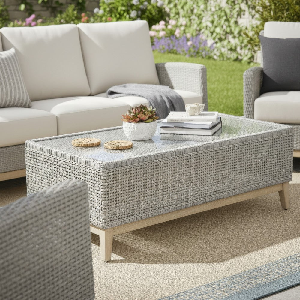 Yami 50 Inch Outdoor Coffee Table, Resin Wicker, Tempered Glass Top, Gray - BM315934
