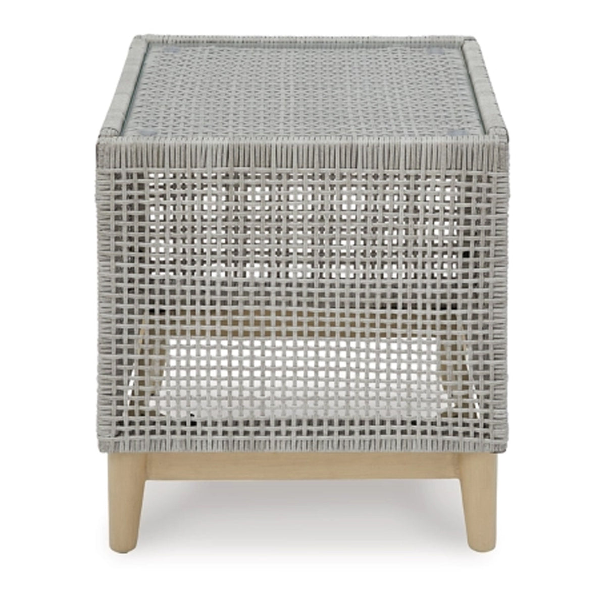 Yami 23 Inch Outdoor Side End Table, Resin Wicker, Tempered Glass Top, Gray - BM315935