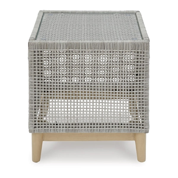 Yami 23 Inch Outdoor Side End Table, Resin Wicker, Tempered Glass Top, Gray - BM315935