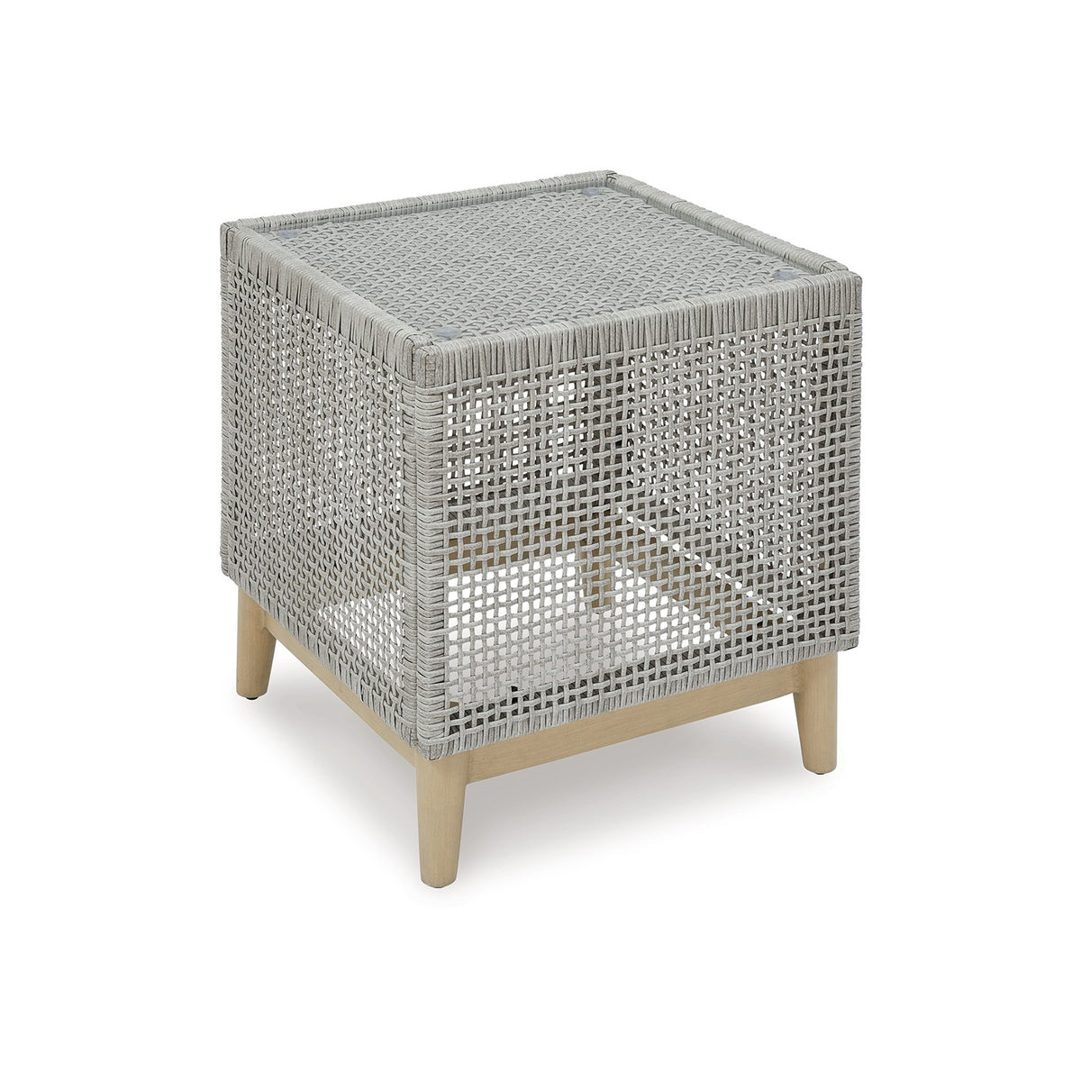 Yami 23 Inch Outdoor Side End Table, Resin Wicker, Tempered Glass Top, Gray - BM315935