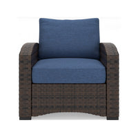 Zivi 32 Inch Outdoor Lounge Chair, Cushioned, Resin Wicker, Blue, Brown - BM315941