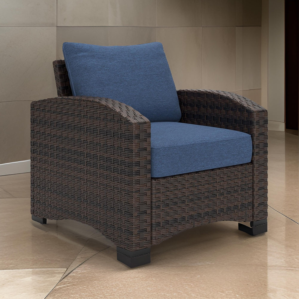 Zivi 32 Inch Outdoor Lounge Chair, Cushioned, Resin Wicker, Blue, Brown - BM315941