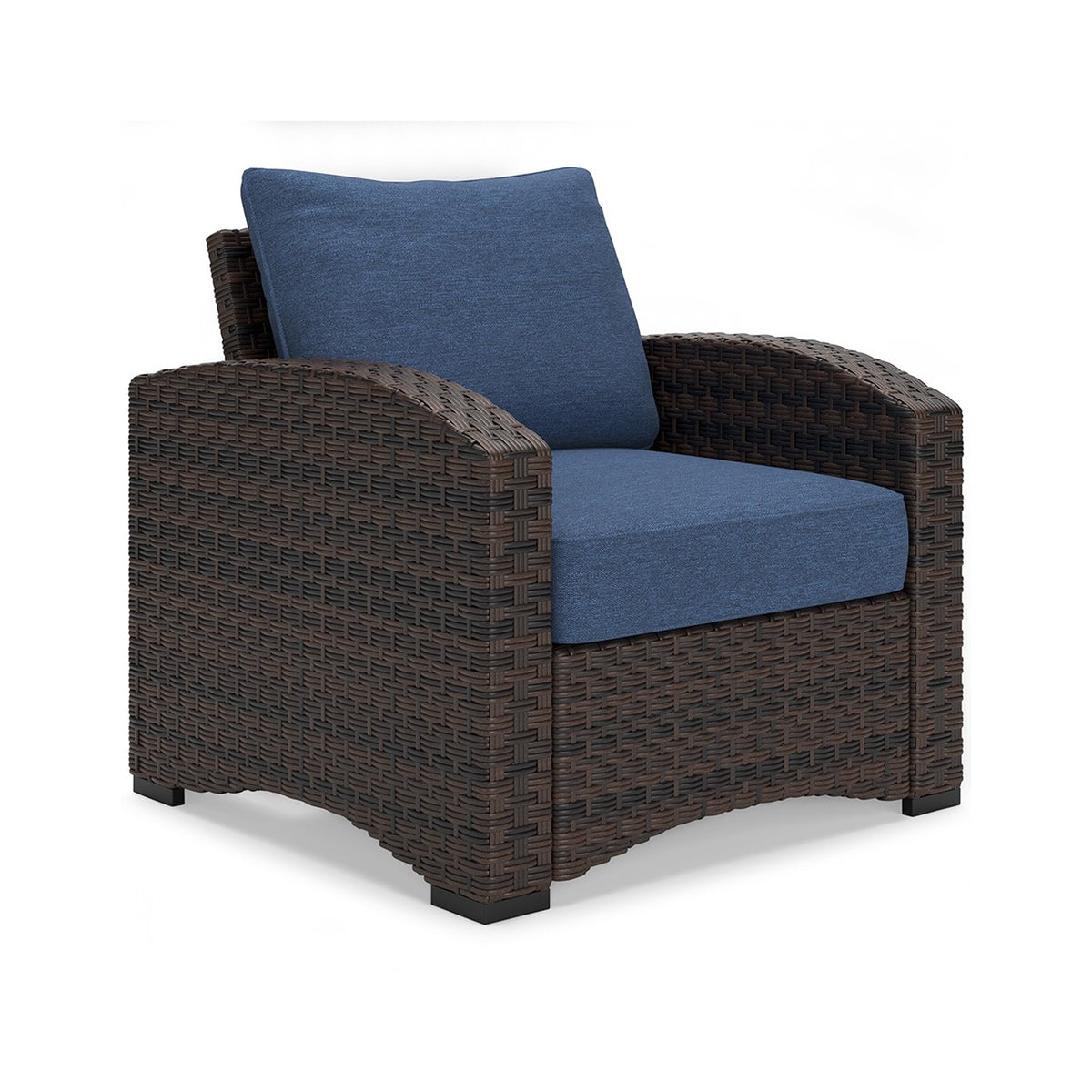 Zivi 32 Inch Outdoor Lounge Chair, Cushioned, Resin Wicker, Blue, Brown - BM315941