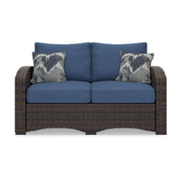 Zivi 57 Inch Outdoor Loveseat, Cushioned Seat, Resin Wicker, Blue, Brown - BM315942