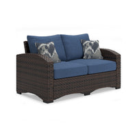 Zivi 57 Inch Outdoor Loveseat, Cushioned Seat, Resin Wicker, Blue, Brown - BM315942