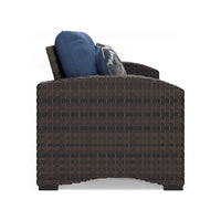 Zivi 57 Inch Outdoor Loveseat, Cushioned Seat, Resin Wicker, Blue, Brown - BM315942