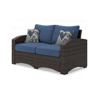 Zivi 57 Inch Outdoor Loveseat, Cushioned Seat, Resin Wicker, Blue, Brown - BM315942