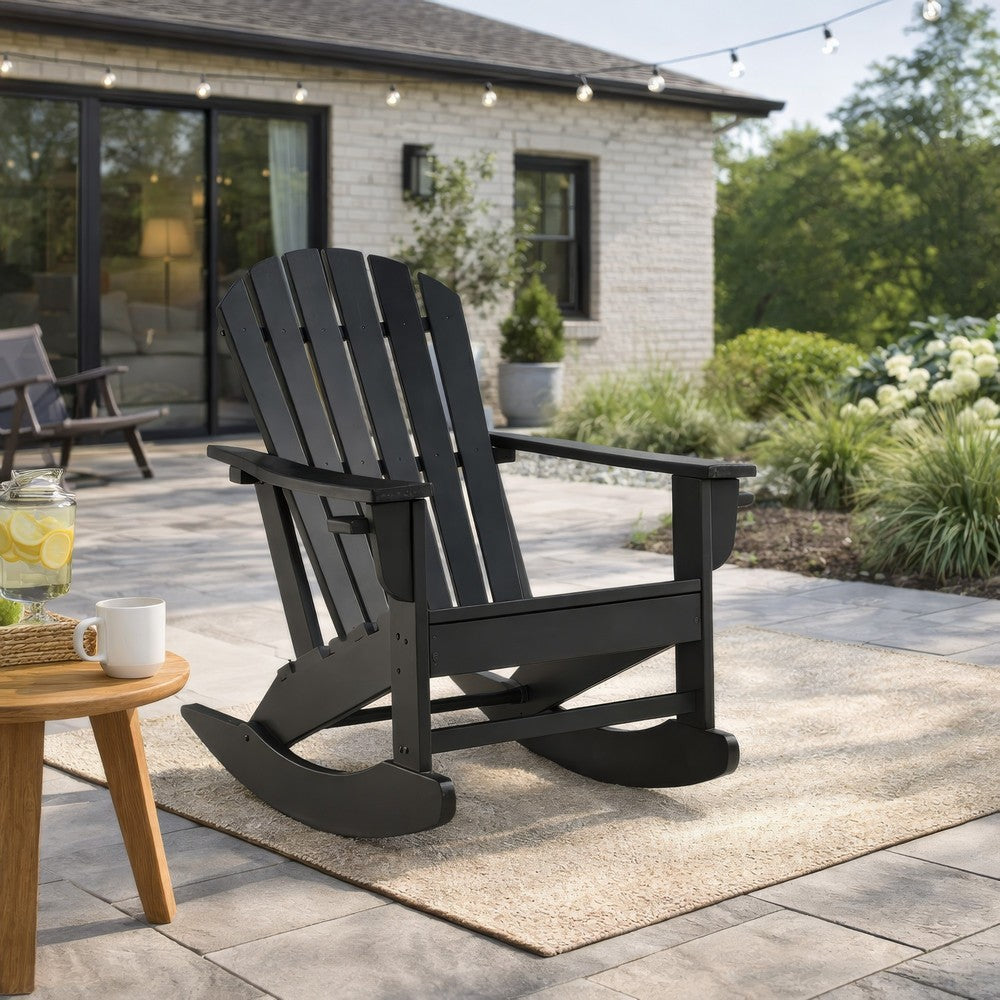 Sami 35 Inch Outdoor Rocking Chair, Slatted Design, Modern Black Finish - BM315948