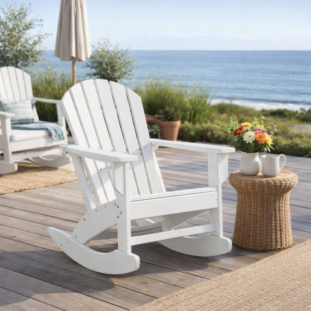Sami 35 Inch Outdoor Rocking Chair, Slatted Design, Modern White Finish - BM315949