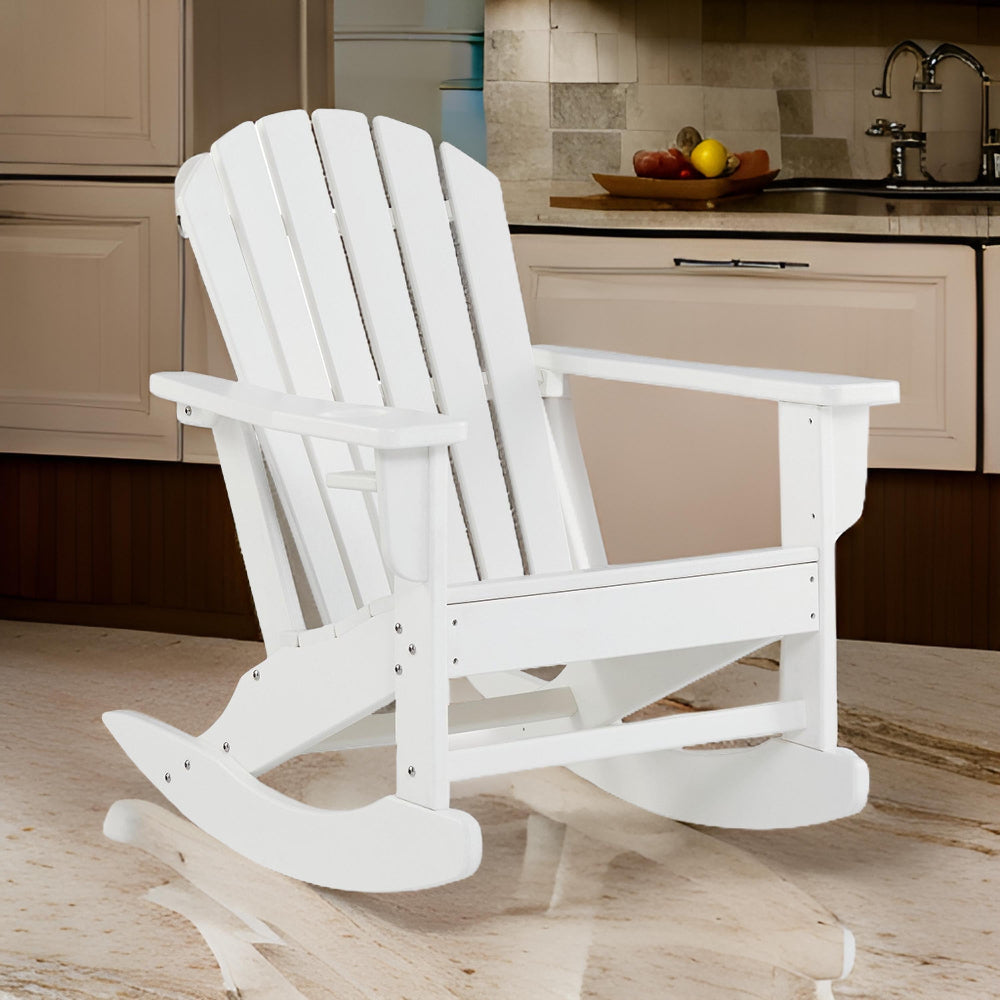 Sami 35 Inch Outdoor Rocking Chair, Slatted Design, Modern White Finish - BM315949